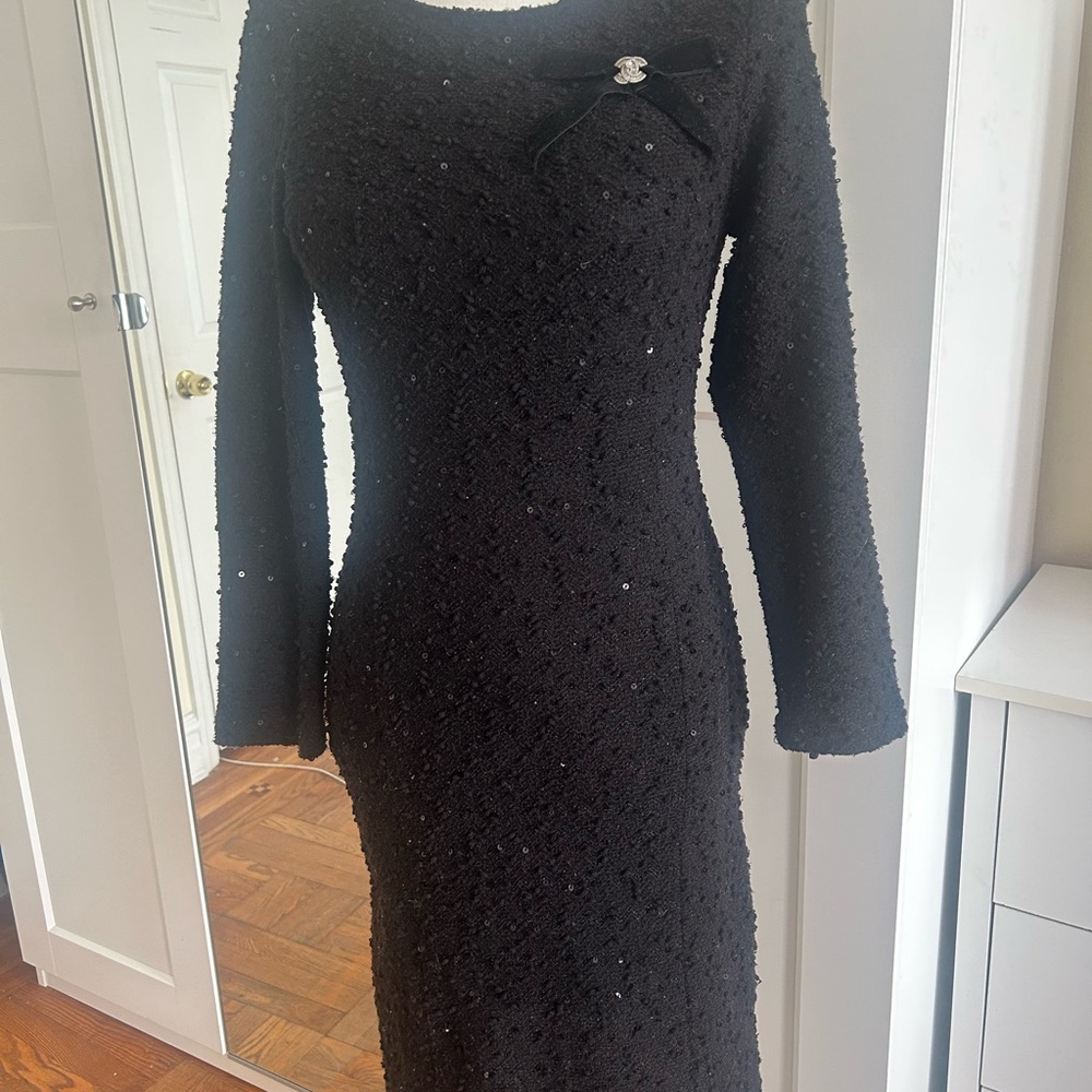 Chanel style Black Sequin Tweed Dress with Bow Accent